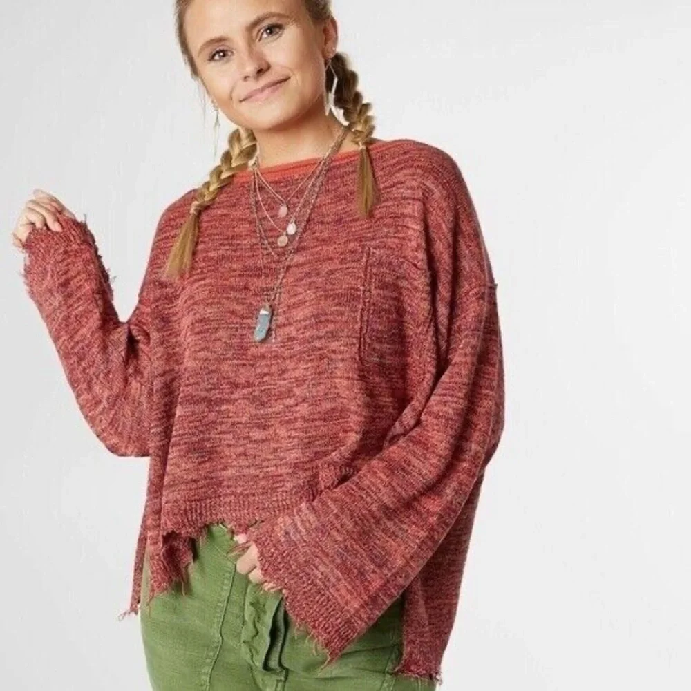 Free People Prism Pullover Sweater Raw Hem Coral Combo Size Extra Small
